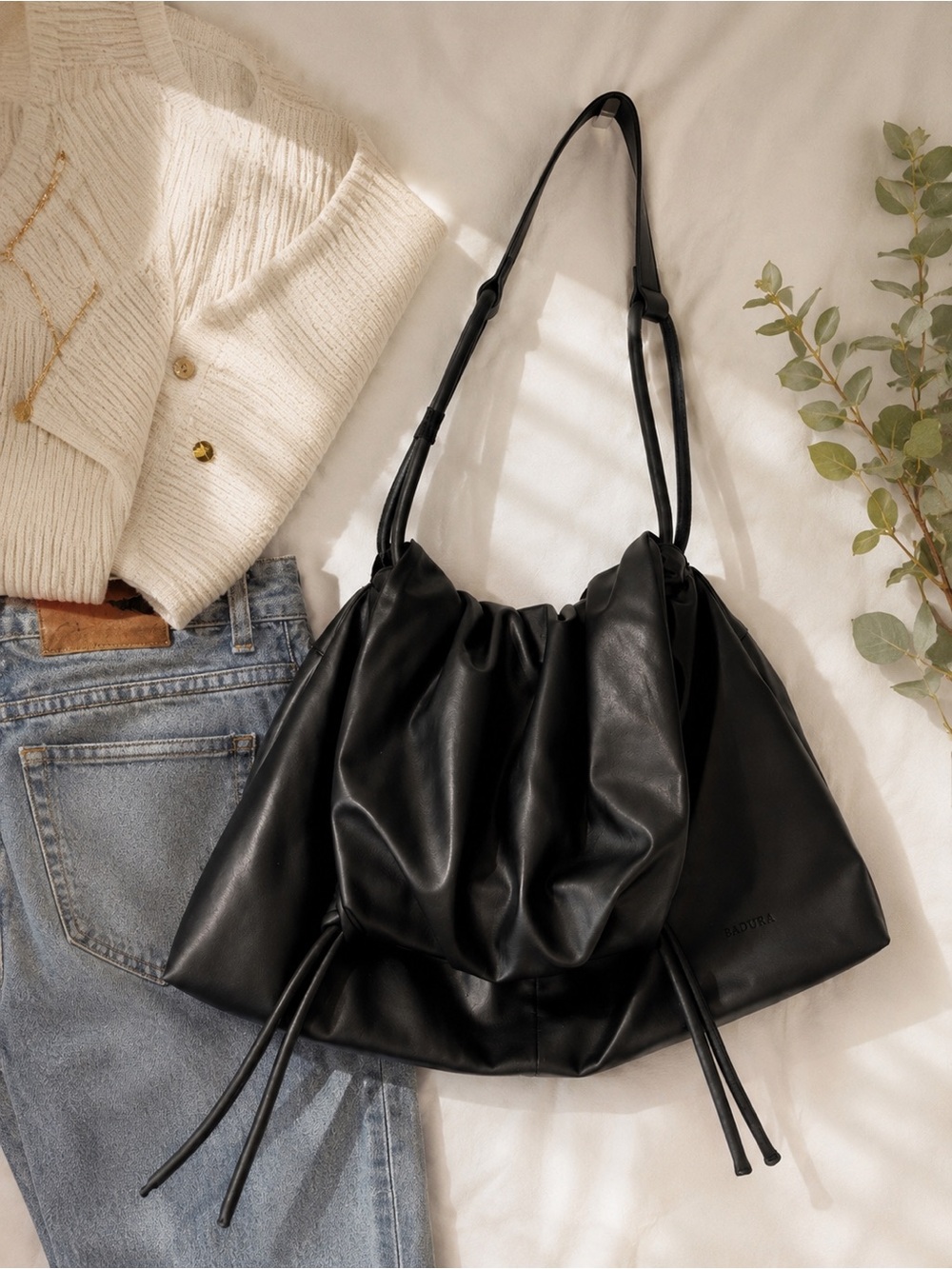 Italian made soft Leather Drawstring shoulder bag